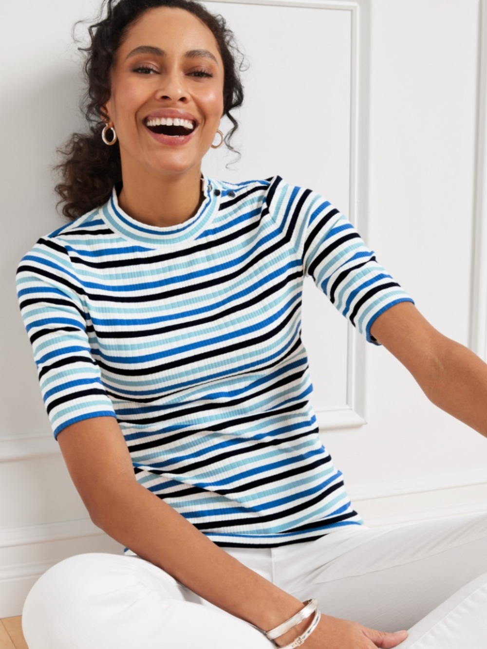 TALBOTS RIBBED MOCKNECK TEE - TERRACE STRIPE $69